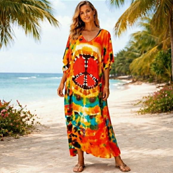 Dresses & Skirts - Kaftan Dress Tie Dye Peace Maxi Cover Up 1X ✌️NEW